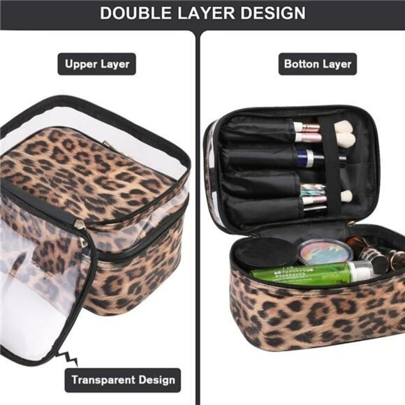 Leopard Makeup Bag Double Layer Travel Toiletry Organizer Cosmetic Case Women - Picture 3 of 7